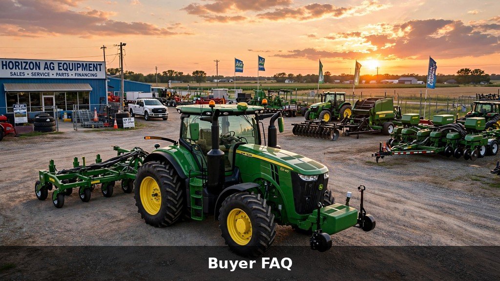 John Deere 7R tractor on a dealer lot at sunset