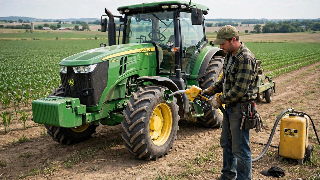 John Deere 7R Series tractor refueling during a long fieldwork day