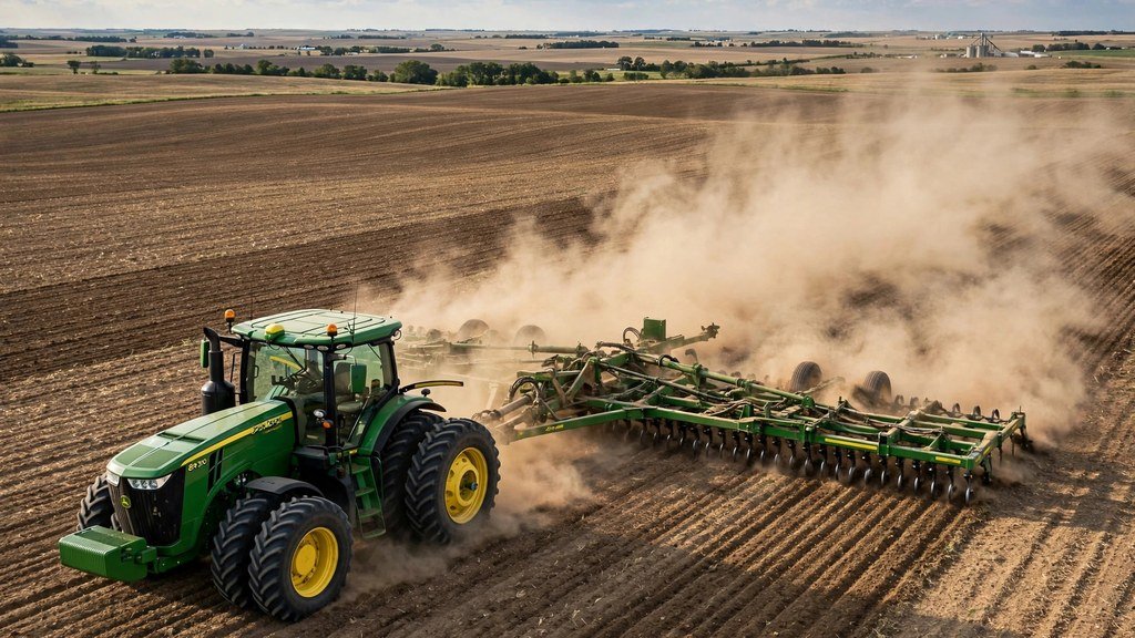 John Deere 7R Series tractor pulling a tillage implement across a field