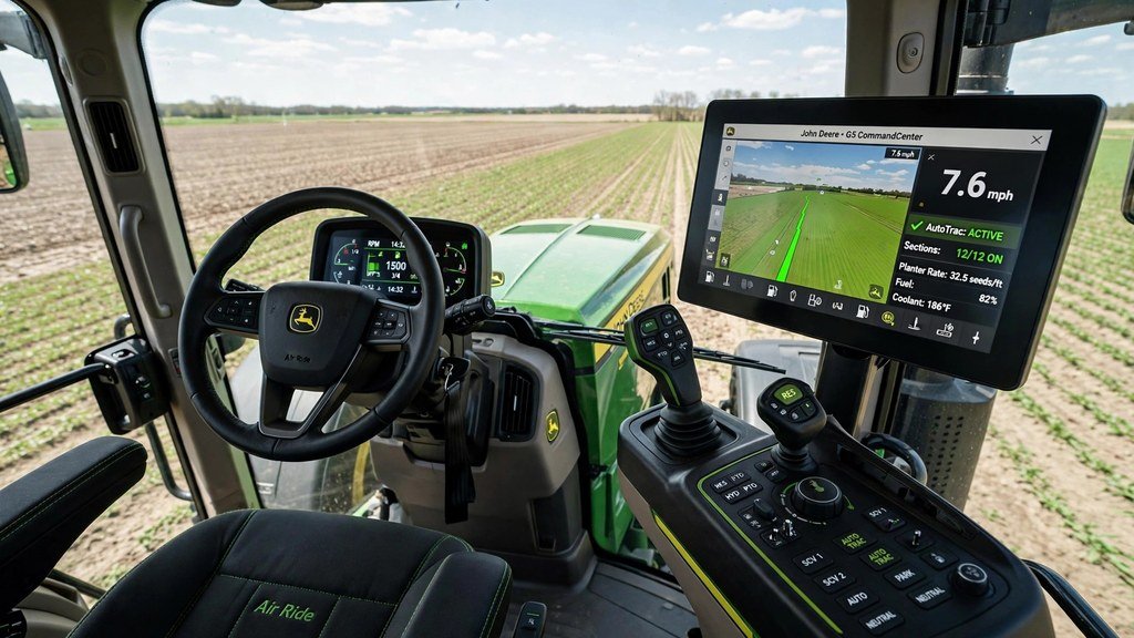 Inside the John Deere 7R Series CommandView cab with operator controls