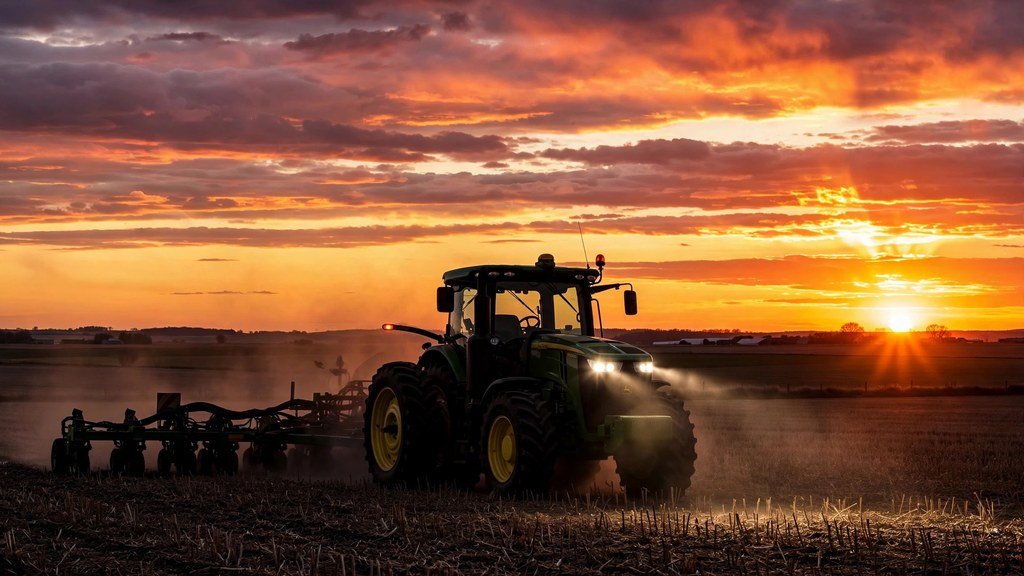 John Deere 7R Series tractor working at sunset on a large farm
