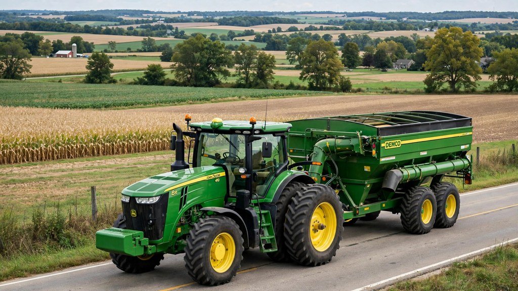 John Deere 7R Series tractor on the road during transport