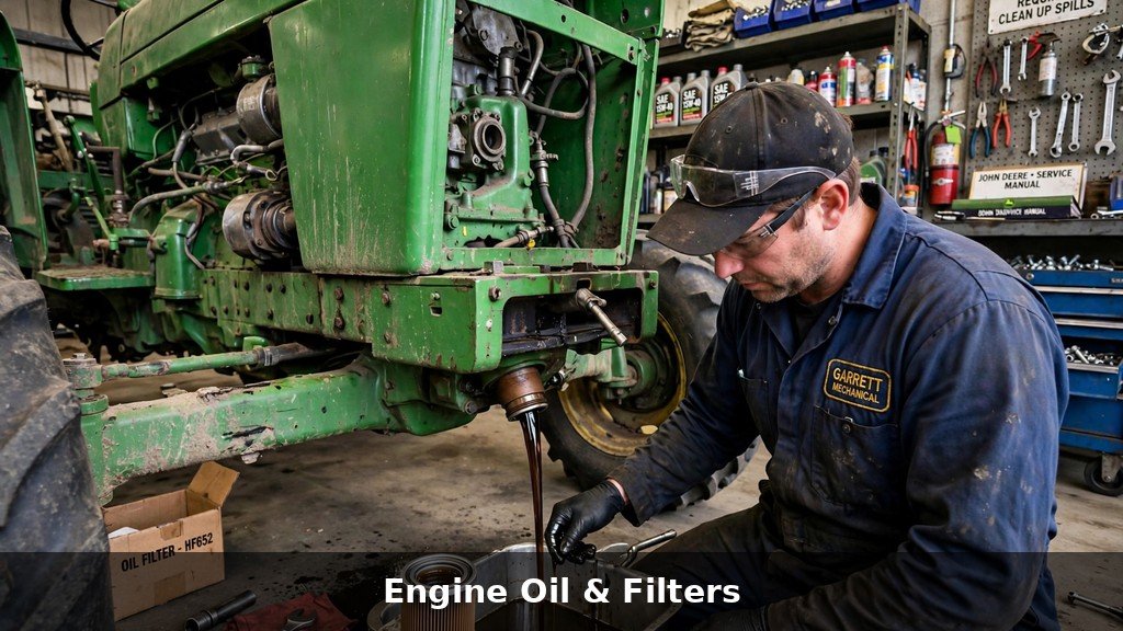 Engine oil change service on a John Deere 7R Series tractor