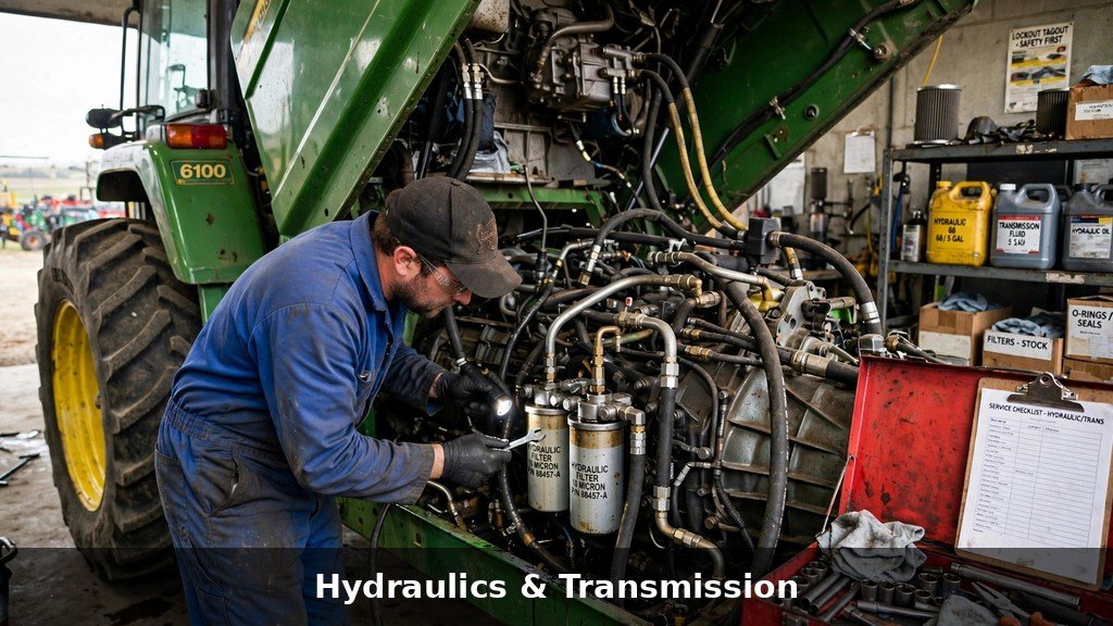 Technician servicing hydraulics and transmission on a John Deere 7R Series tractor
