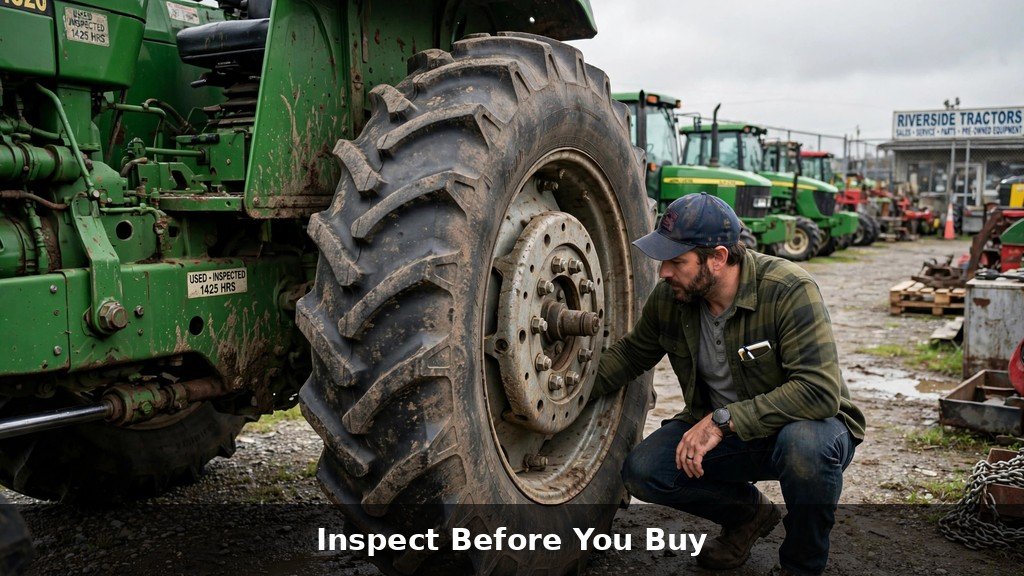 Inspecting a used John Deere 7R Series tractor before purchase