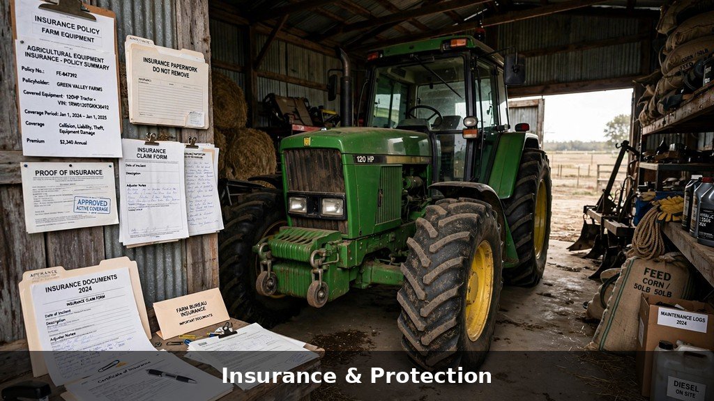 John Deere 7R tractor parked in farm equipment storage shed