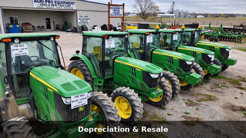 Row of used John Deere row-crop tractors for sale on a dealer lot