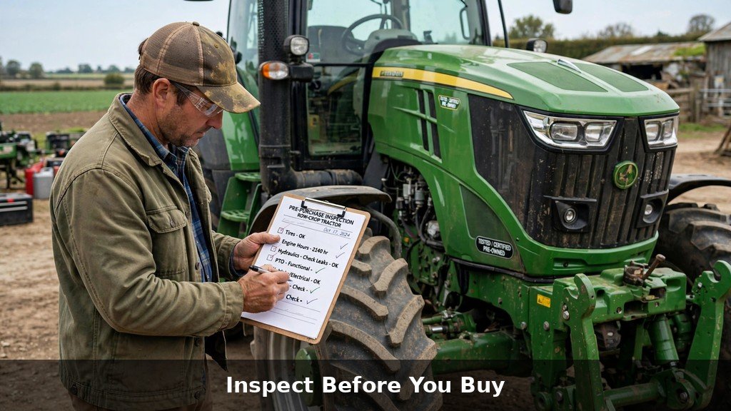 Farmer inspecting a John Deere 7R tractor before purchase