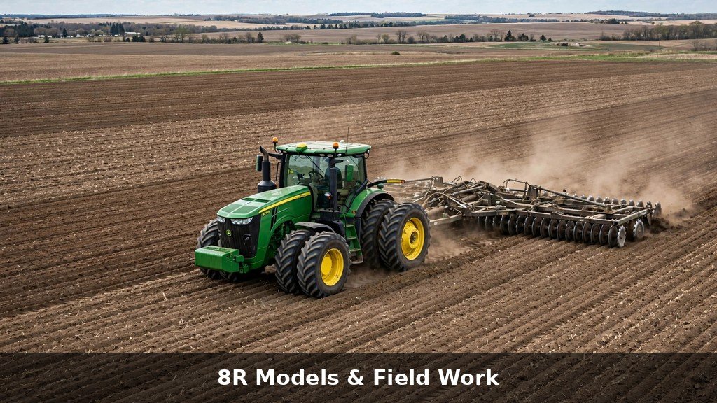 John Deere 8R Series review: 8R tractor pulling a disc harrow in a tilled field