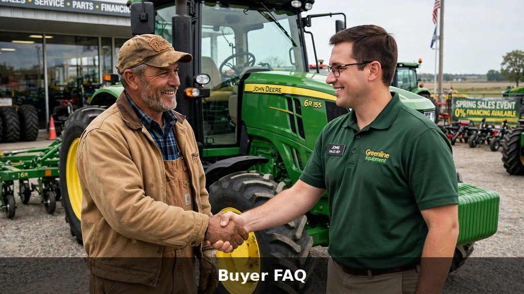John Deere 8R Series review: farmer and dealer discussing an 8R purchase