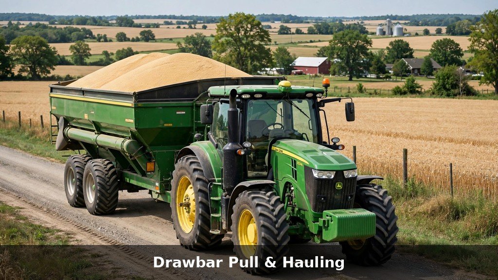 John Deere 8R hauling grain cart - drawbar and transport performance
