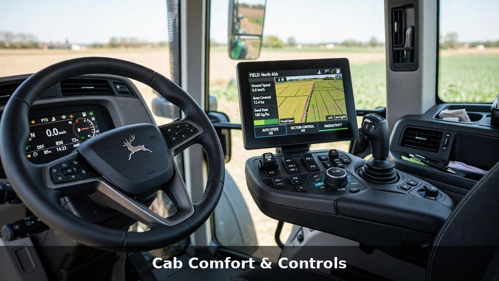 John Deere 8R cab interior - comfort and controls