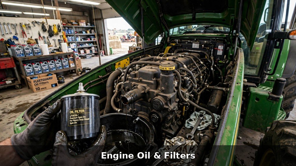 Engine oil and filter service on a John Deere 8R Series tractor