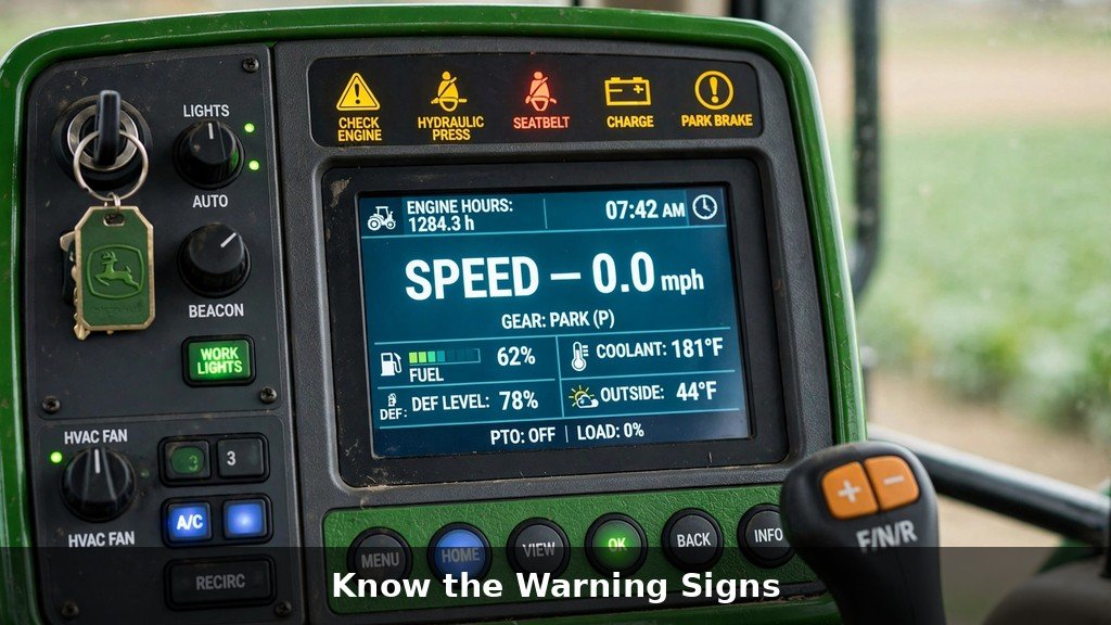 Warning indicators on a John Deere 8R Series tractor dashboard