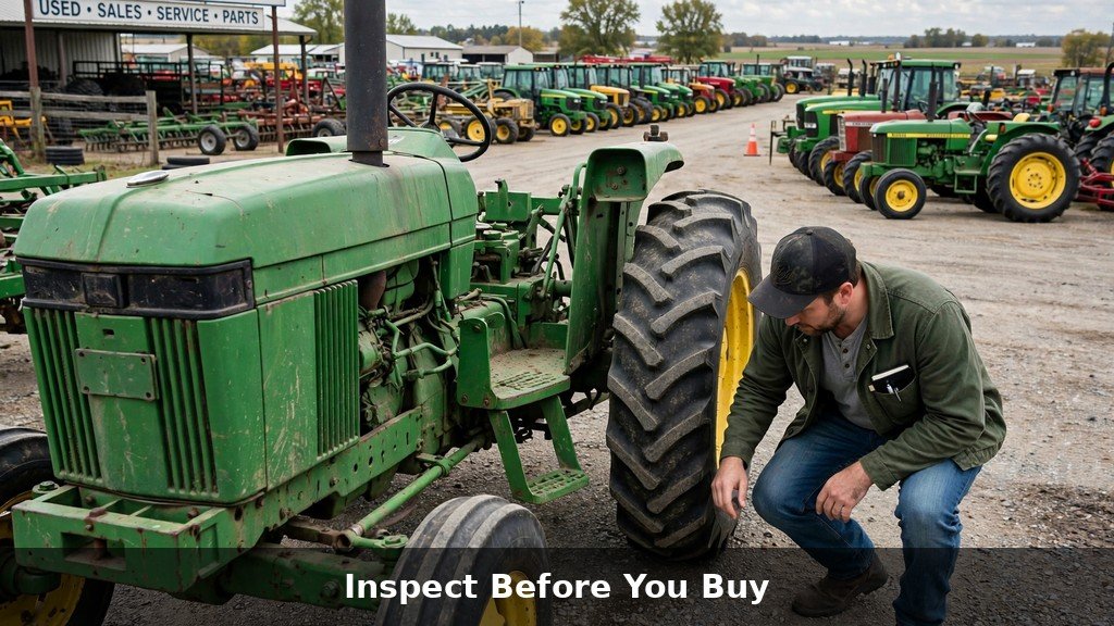 Inspecting a used John Deere 8R Series tractor at a dealership