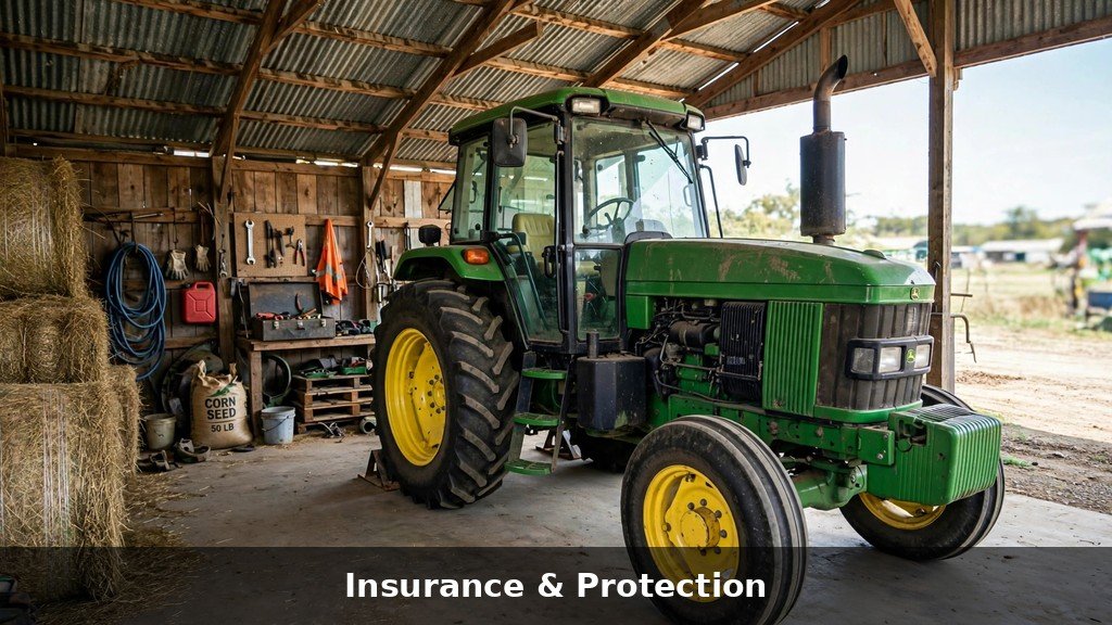 John Deere 8R tractor parked securely inside a farm equipment shed