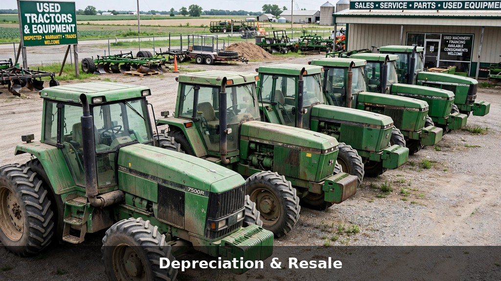 Used John Deere 8R tractors on a dealer lot