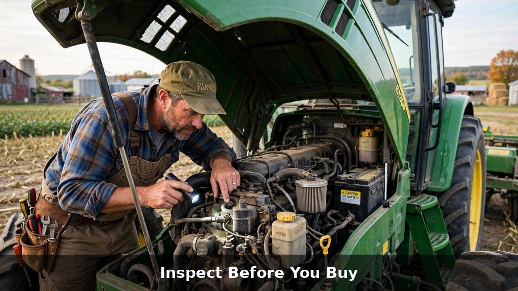 Farmer inspecting the engine compartment of a John Deere 8R tractor
