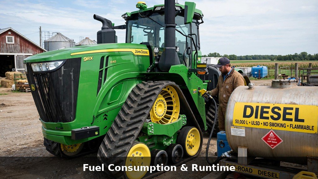 Refueling a John Deere 8RX Series four-track tractor