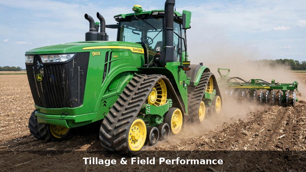 John Deere 8RX Series four-track tractor doing tillage