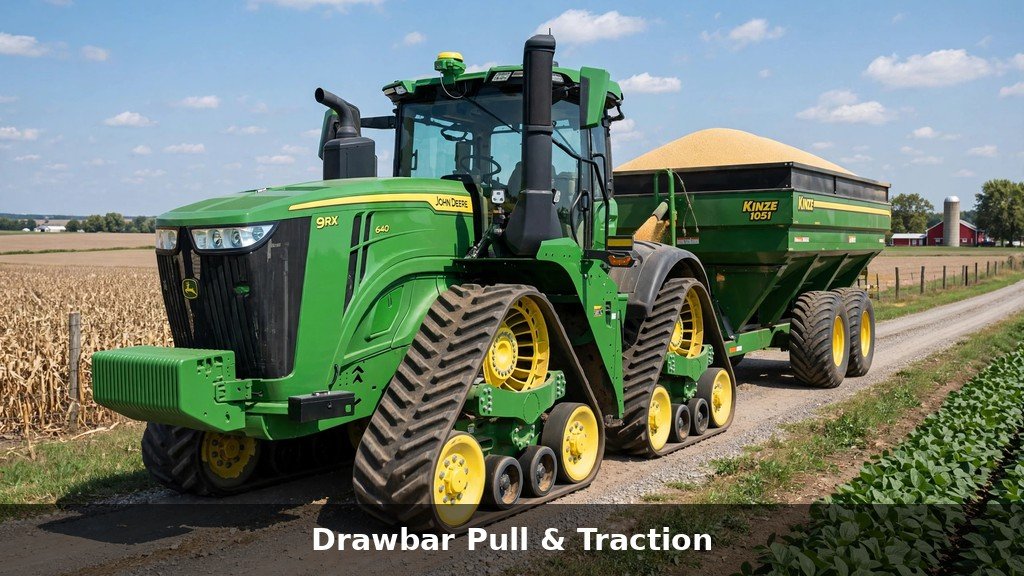 John Deere 8RX Series pulling a grain cart