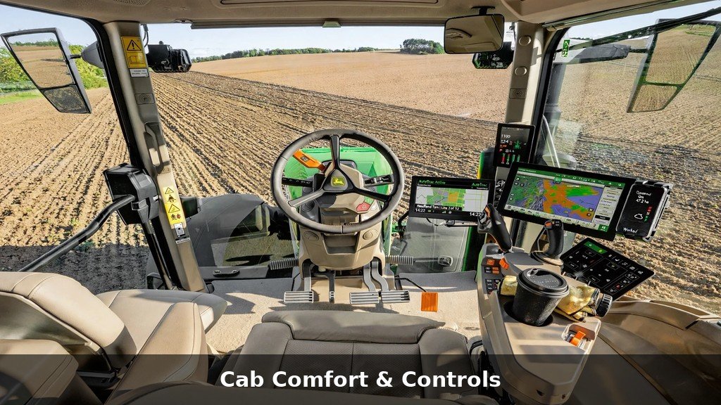 John Deere 8RX Series cab interior with controls