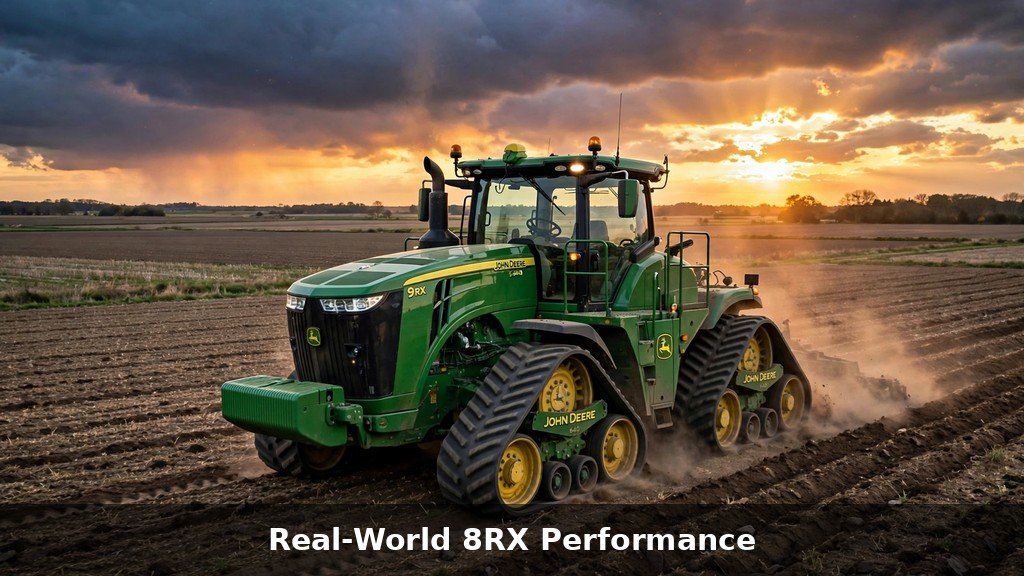 John Deere 8RX Series working at sunset