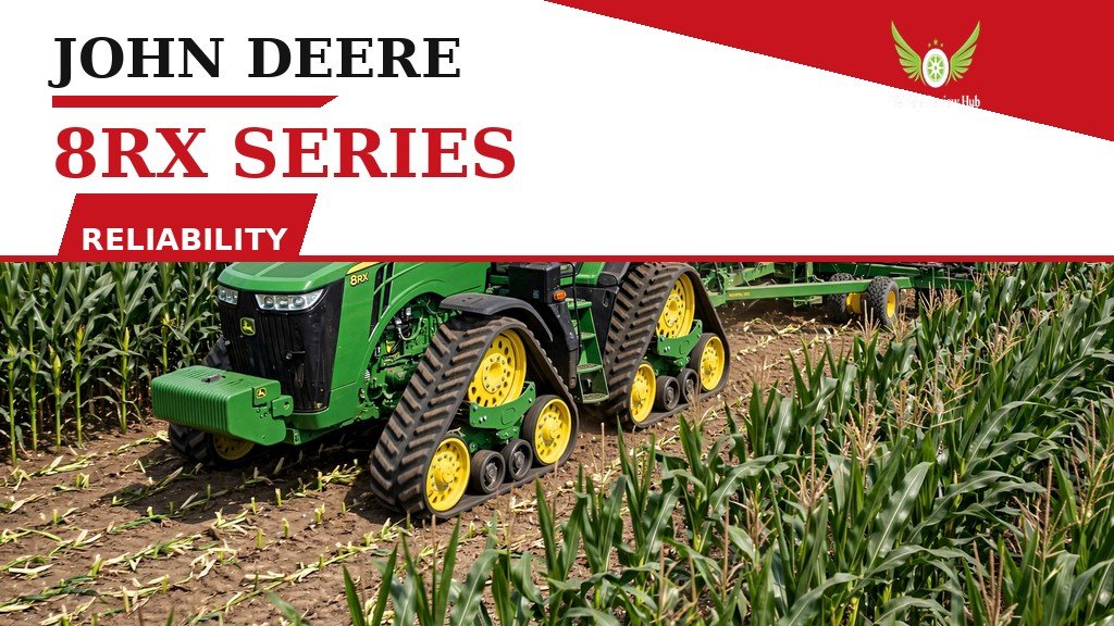 John Deere 8RX Series Reliability featured banner with the four-track tractor in a corn field