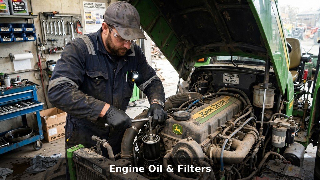 John Deere 8RX Series maintenance - engine oil and filter service