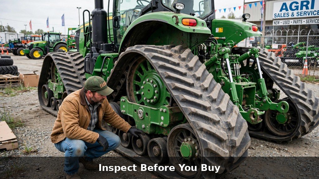 John Deere 8RX Series maintenance - used tractor track inspection