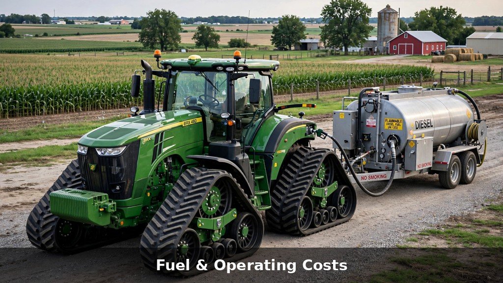 Refueling a John Deere 8RX Series four-track tractor — fuel dominates John Deere 8RX Series ownership cost