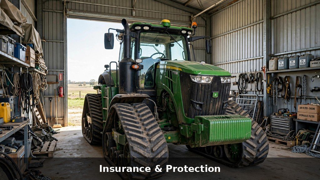 John Deere 8RX Series four-track tractor in secure equipment shed storage