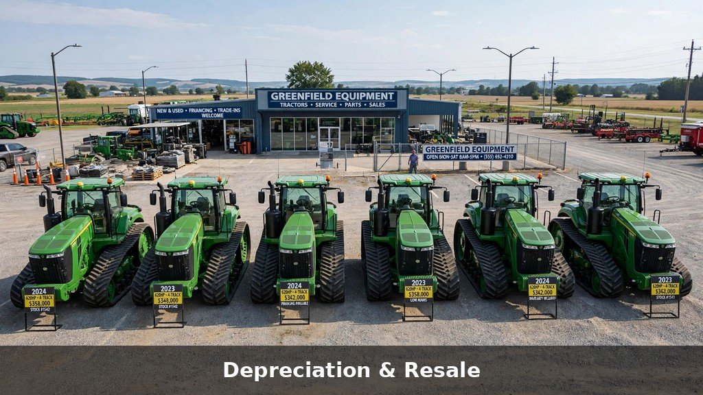 Used John Deere 8RX Series tractors on a dealer lot — resale value in the John Deere 8RX Series ownership cost picture