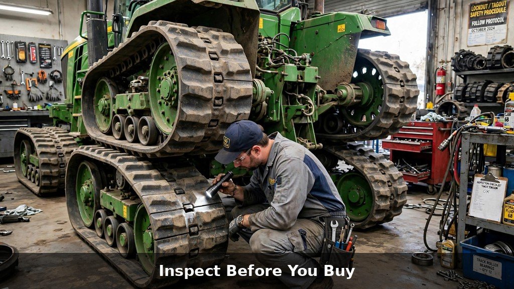 Mechanic inspecting John Deere 8RX Series track undercarriage before purchase