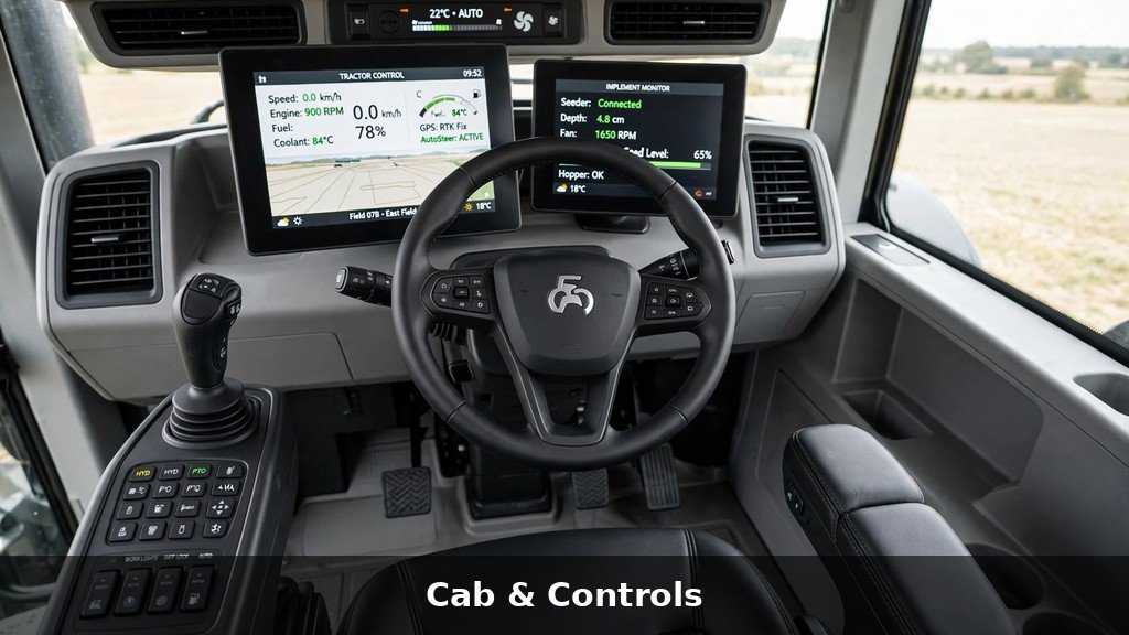 John Deere 9R Series cab with CommandARM controls and displays