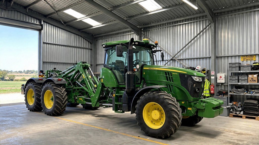 John Deere 9R Series articulated tractor stored inside a secure equipment shed