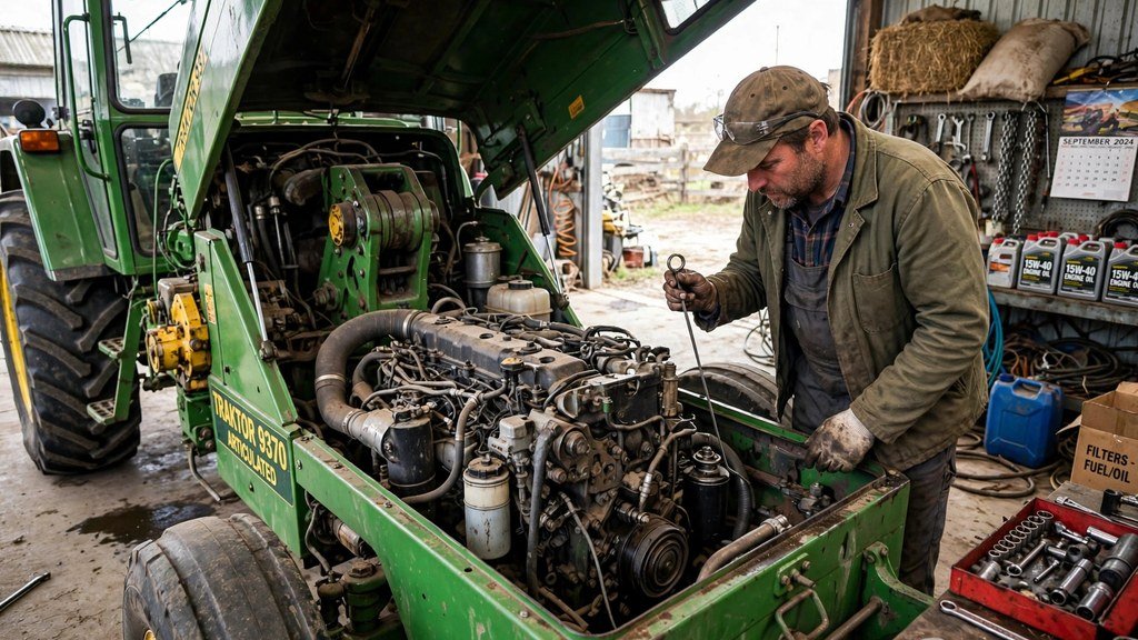 Mechanic inspecting the engine compartment of a John Deere 9R Series tractor