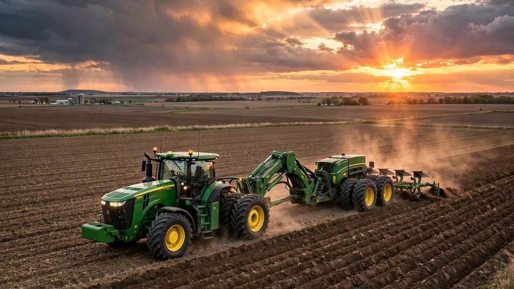 John Deere 9R Series tractor working a field at sunset