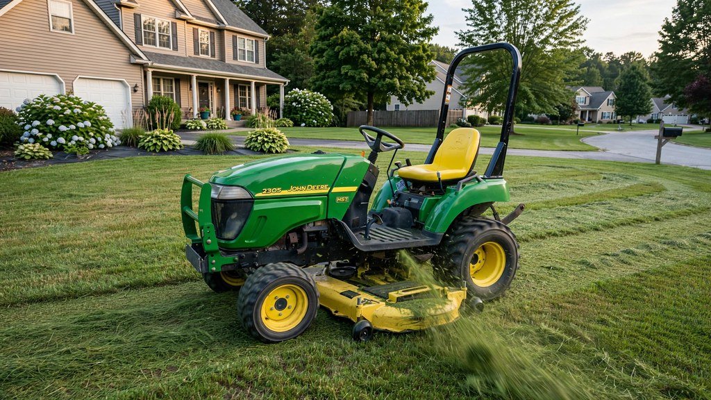 John Deere 1023E sub-compact tractor mowing a lawn with mid-mount mower deck