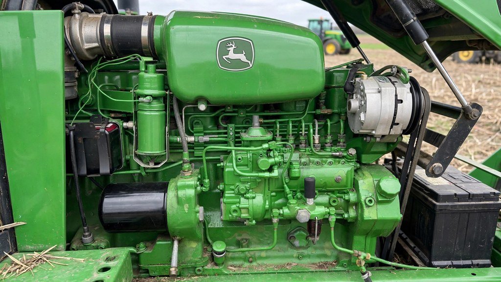 John Deere 1023E Yanmar diesel engine compartment with hood open