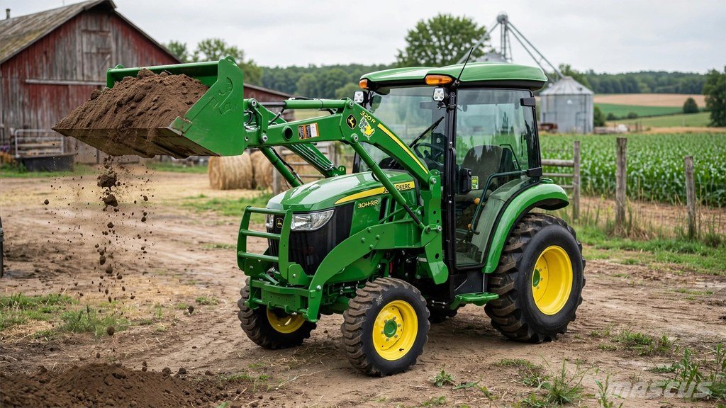 John Deere 1023E compact tractor with front loader lifting soil