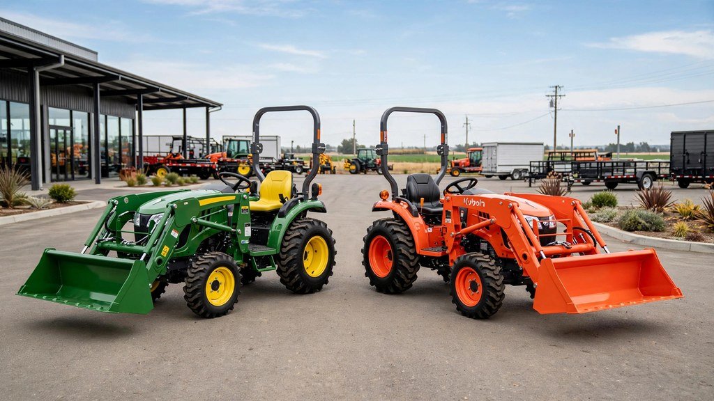compact tractors side by side at a dealership for comparison