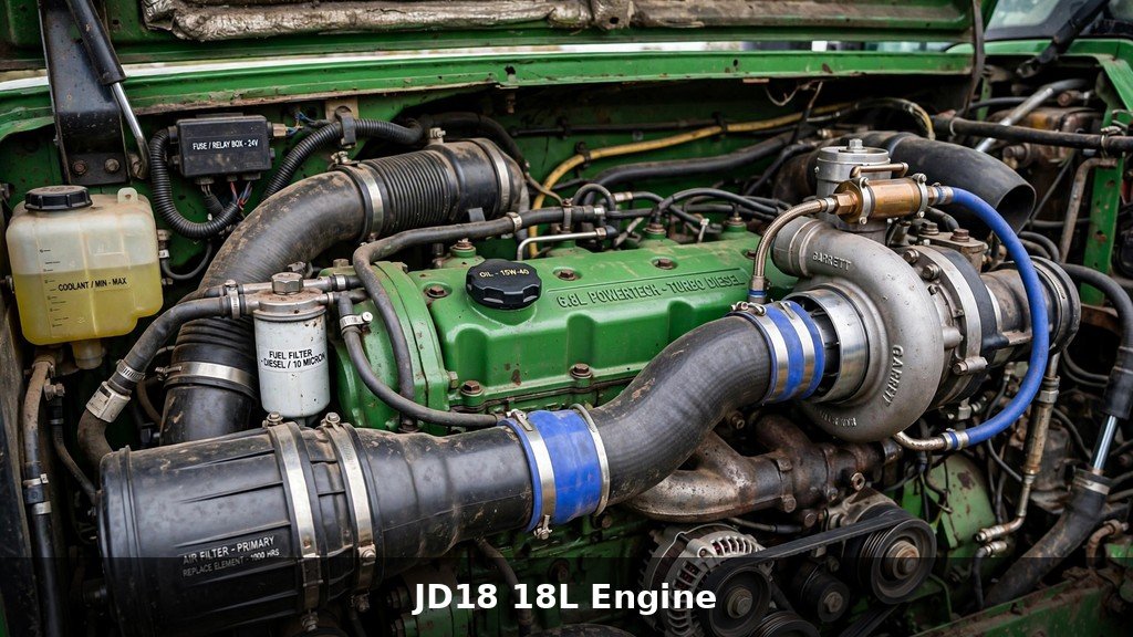 Close-up of a large John Deere tractor engine bay with turbochargers