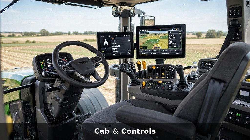 Interior of a modern large farm tractor cab with digital displays and controls