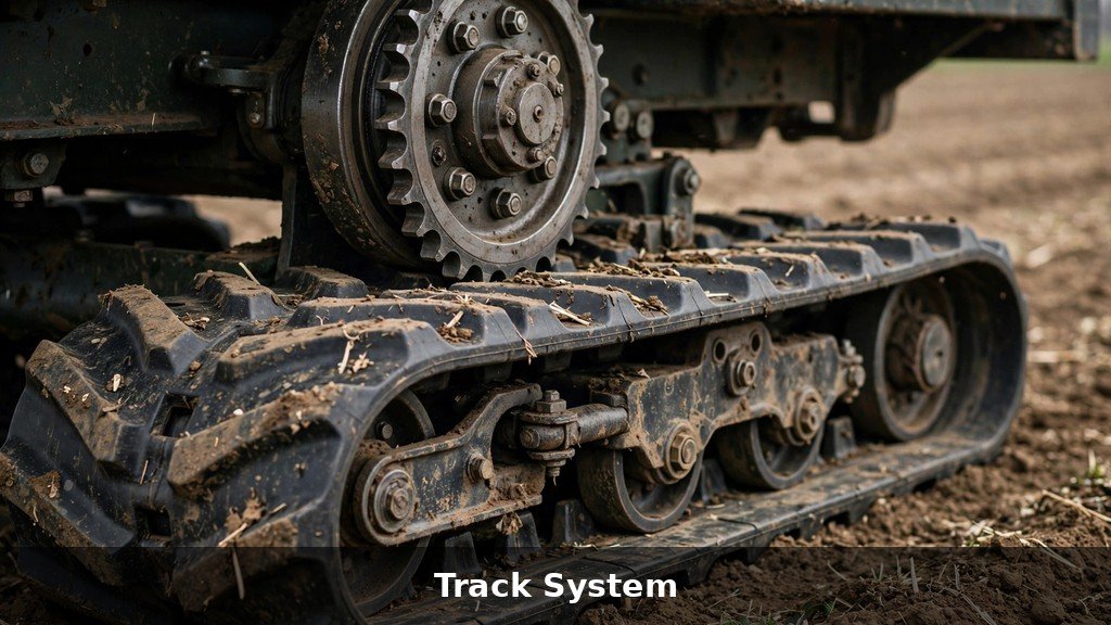 Close-up of a giant rubber track undercarriage on a four-track farm tractor