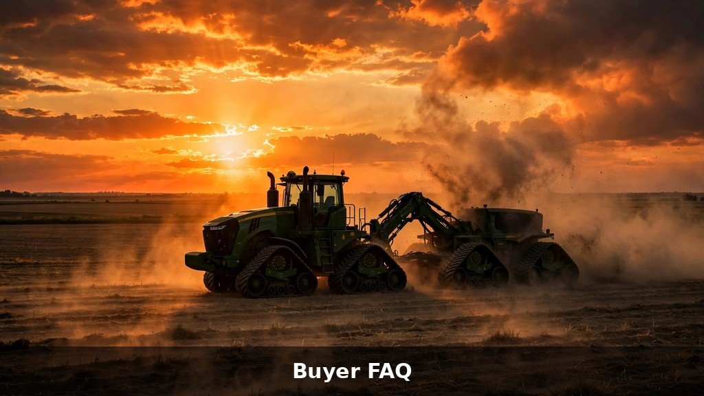 Large four-track farm tractor working a field at sunset