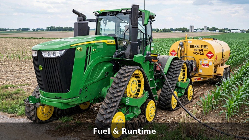 John Deere 9RX four-track tractor refueling from a mobile fuel trailer in the field