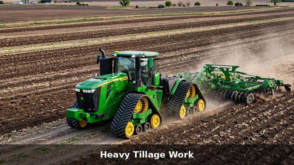 John Deere 9RX four-track tractor pulling a large disc harrow through a plowed field