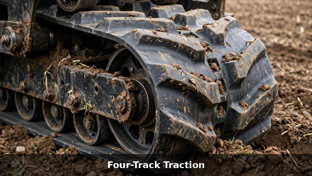 Close-up of a John Deere four-track tractor's rubber belt track tread gripping tilled soil