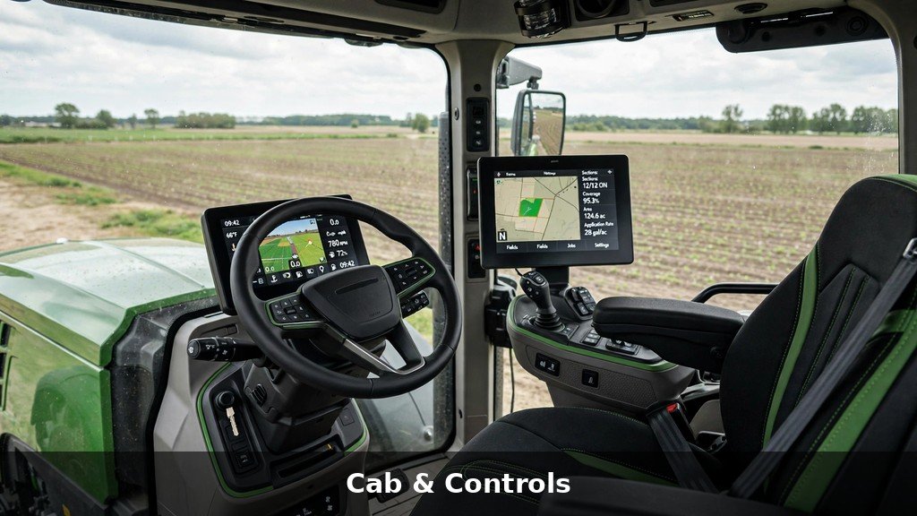 Interior of a modern John Deere tractor cab with operator seat and digital displays
